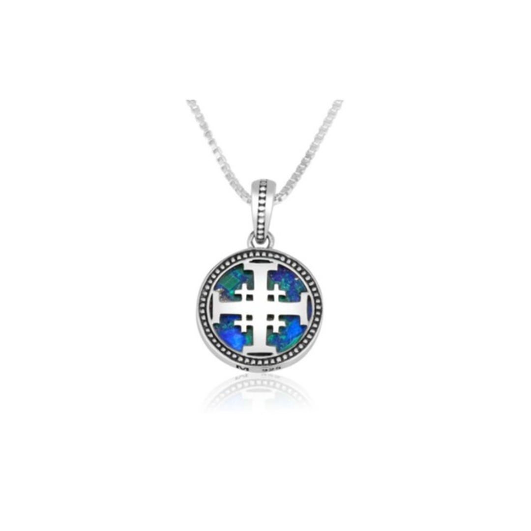 Azurite Stone Circular Jerusalem Cross Pendant